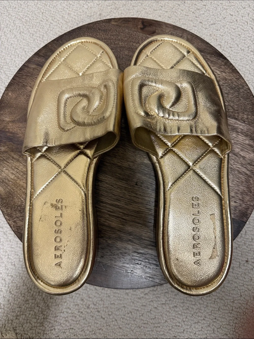AEROSOLES Metallic Gold Quilted Slide Sandals with Padded Strap